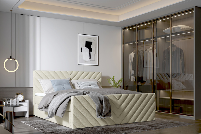 Polsterbett 120x200 cm mit Stauraum – Modernes Designerbett mit Samtbezug & hohem Kopfteil – Creme Schlafzimmermöbel SATURN