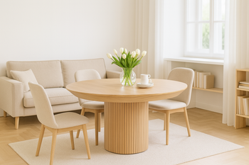 Ausziehbarer runder Tisch mit geriffeltem Tischbein, 130–180 cm, Modell T68