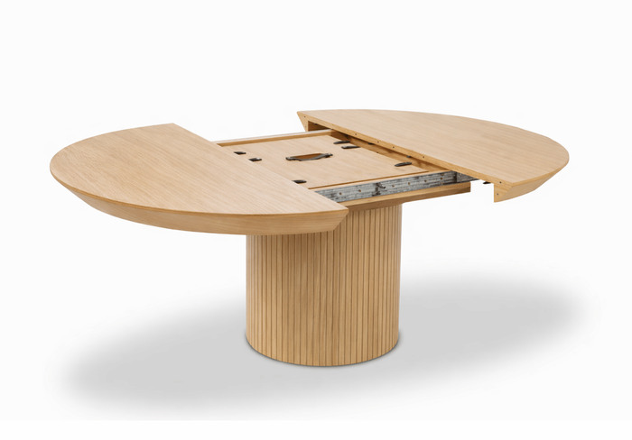 Ausziehbarer runder Tisch mit geriffeltem Tischbein, 130–180 cm, Modell T68