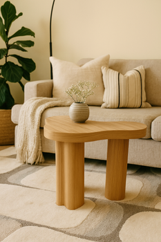 Couchtisch VAREDO C aus Eichenfurnier mit Massivholzbeinen – organische Form, kleiner Design Tisch für Wohnzimmer & Schlafzimmer