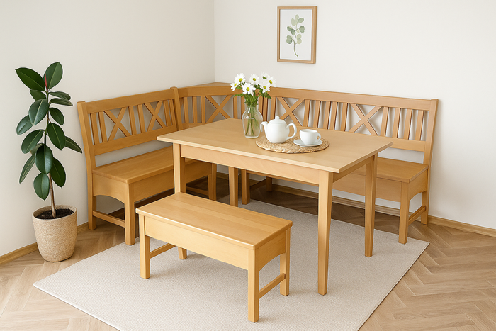 Küchen Kollektion Essgruppe Frühstückecke Holz Buche Eckbank Kuchenbank 175x175 cm Massivholz Merlin