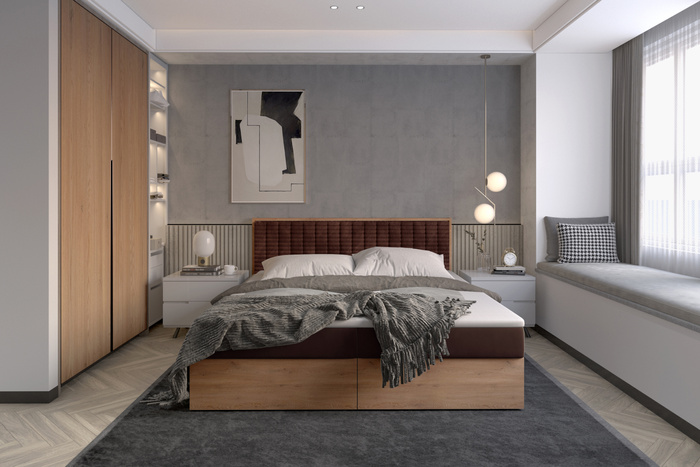 Funktionsbett 200x200 cm mit Stauraum – Polsterbett mit Bettkasten – Holzbett mit Kopfteil – Boxbett in Eiche-Optik – Modernes Bett 200x200 cm LIVANO