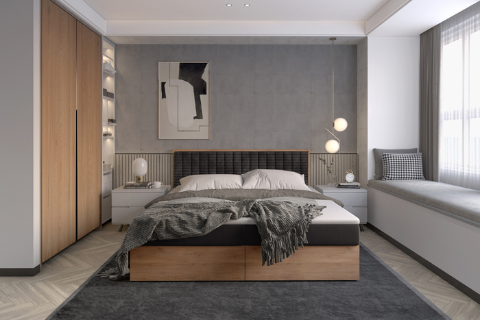 Funktionsbett 120x200 cm mit Bettkasten – Polster-Holzbett mit Kopfteil – Boxbett in Eiche-Optik – Modernes Einzelbett für Jugendliche LIVANO