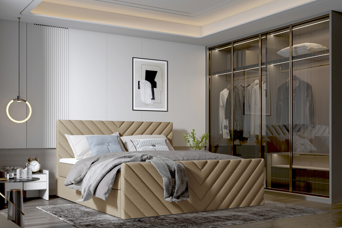 Polsterbett 120x200 cm mit Stauraum – Modernes Designerbett mit Samtbezug & hohem Kopfteil – Beige Schlafzimmermöbel SATURN