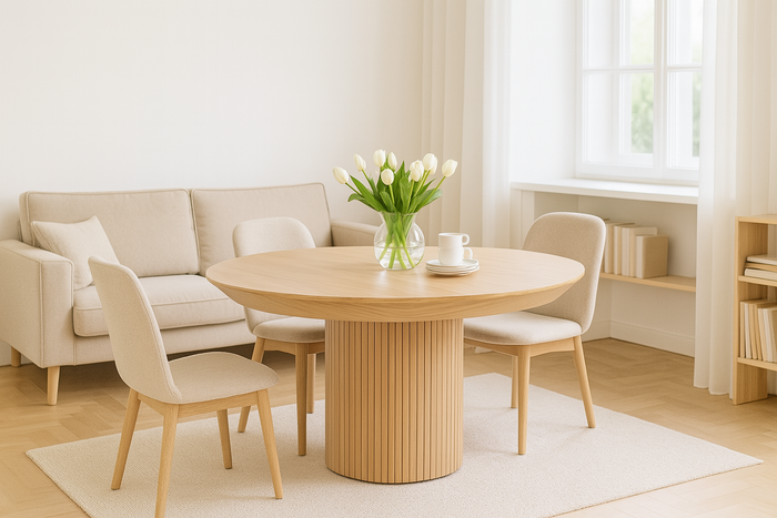 Ausziehbarer runder Tisch mit geriffeltem Tischbein, 130–180 cm, Modell T68