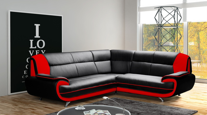 Ecksofa Onyx 2-R-2 210x210x89 cm Eckcouch aus Kunstleder im verschiedenen Farbvarianten (schwarz-rot)